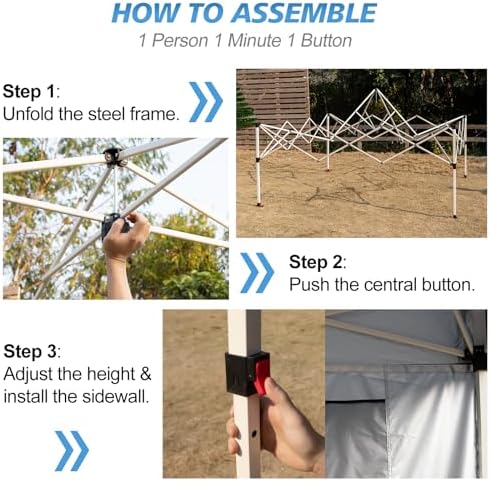 WEIZE 10x10 Pop Up Canopy Tent, 1-Button Push Setup Canopy Tent with 1 Sidewa...
