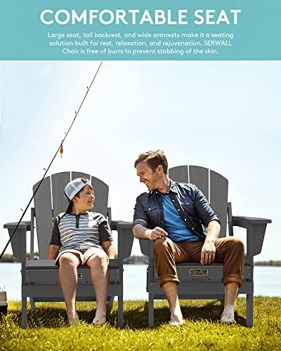 SERWALL Folding Adirondack Chair with Cup Holder Set of 2, Fire Pit - Gray