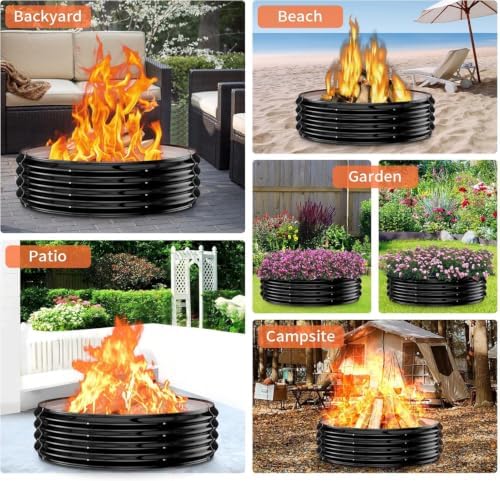 36" Heavy Duty Fire Pit Ring for Outside, Galvanized Steel Wood Burning ...