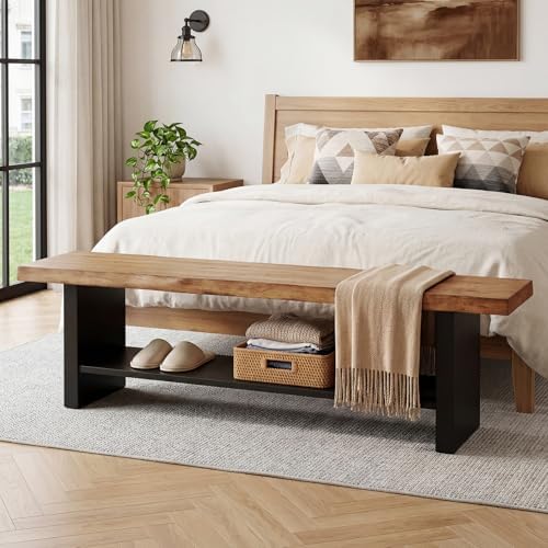 55" Solid Wood Bench with Shoe Storage, 2-Tier Farmhouse Entryway Bench,...