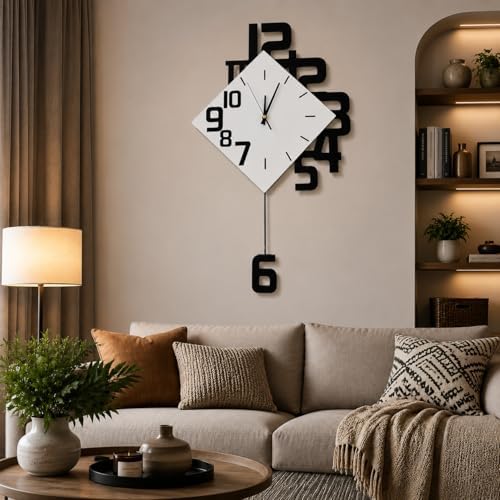 TeamSky Silent Wood Pendulum Wall Clock, Modern White Decorative Clock