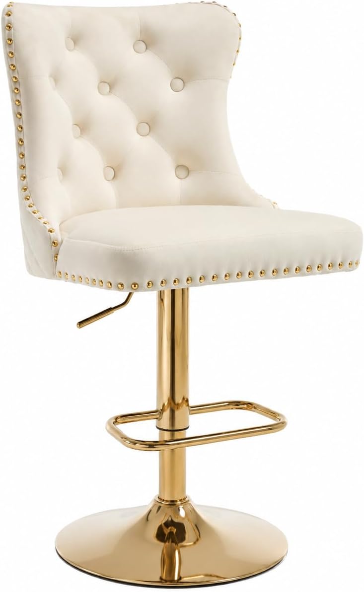 Gold Swivel Bar Stool, Cream Seat, Adjustable Counter Height