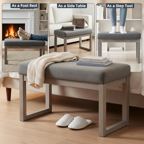 CangLong 27 Inch Wide Rectangle Ottoman Bench Grey Footstool, Linen Look Poly...