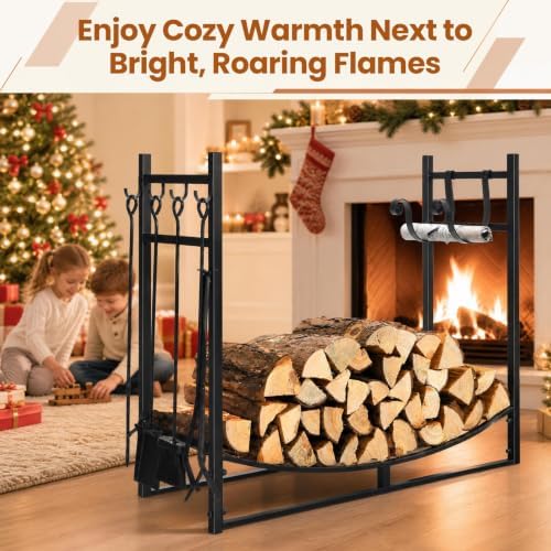 Goplus Firewood Rack Indoor, 36” Firewood Holder with 4- Piece Fireplace Tool...