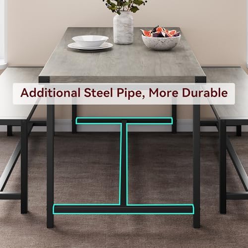 Dining Table Set for 4 with 2 Benches, 3-Piece Kitchen Table Set, Space-Savin...