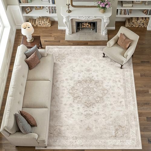PureCozy Beige 9x12 Washable Area Rug Vintage Oriental Medallion Carpet