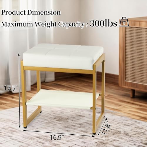 White Gold Vanity Stool, Vanity Chair Stools with a Lower Storage Shelf, Faux...