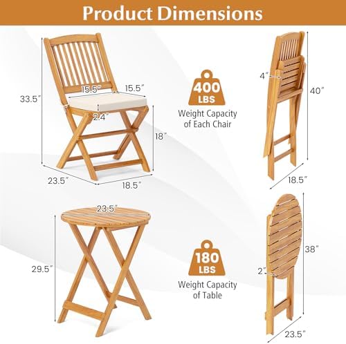 Tangkula 3 Pieces Acacia Wood Patio Folding Bistro Set, Outdoor Table and Cha...