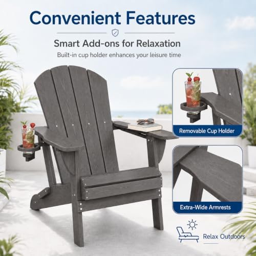 Folding Adirondack Chair with Cup Holder and Phone Holder, Heavy Duty HDPE Pl...