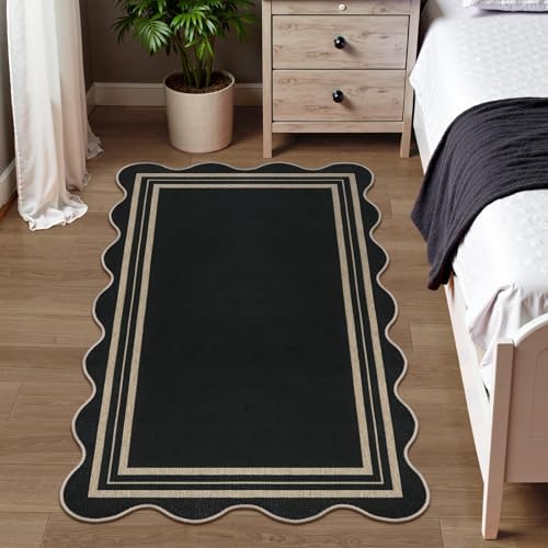 Scalloped Easy Jute 3x5 Outdoor Rug, Washable Rugs for Entryway Black Front D...