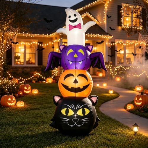 6 FT Halloween Inflatable Ghost Bat Pumpkin and Cat Stacking Yard Decor