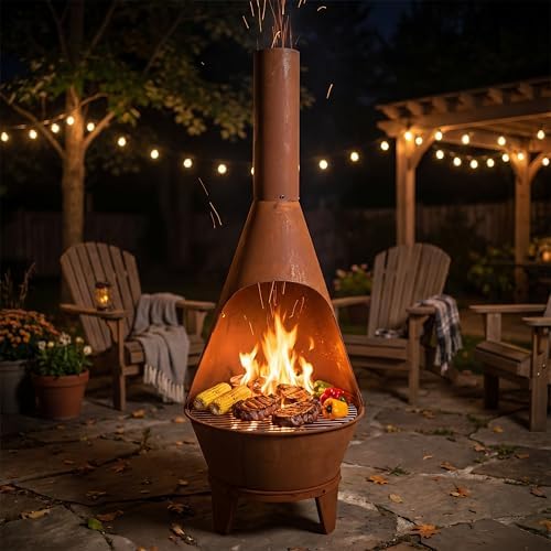 Sunnydaze Large Chiminea Outdoor Fireplace with Grill Grate, Rustic, 58"