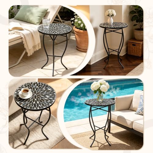 MUMTOP 14" Mosaic Outdoor Side Table, Small Round Patio Accent Table,Black