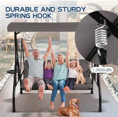 Porch Swings with Adjustable Canopy, 3 Seat Outdoor Swing Bed, Gray