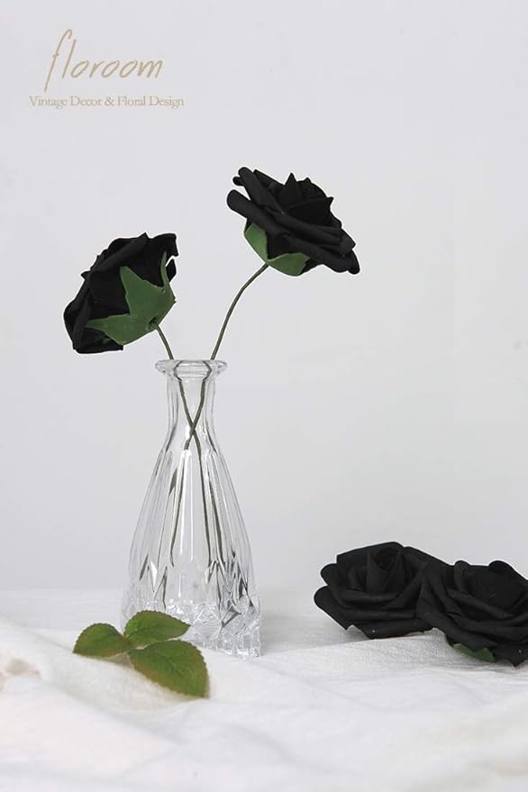 Floroom Artificial Flowers 50pcs Real Looking Black Foam Fake Roses with Stem...