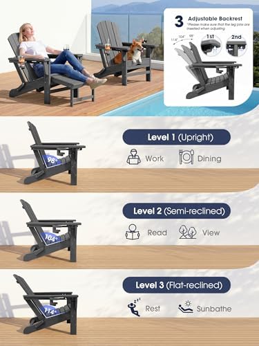 KINGYES Adjustable Folding Adirondack Chairs with Footrest & 2 Cup, HDPE ...