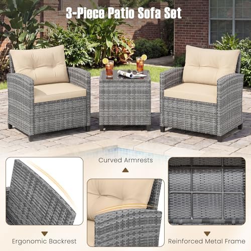 COSTWAY 3PCS Wicker Patio Furniture Set with Cushions for Balcony and Porch