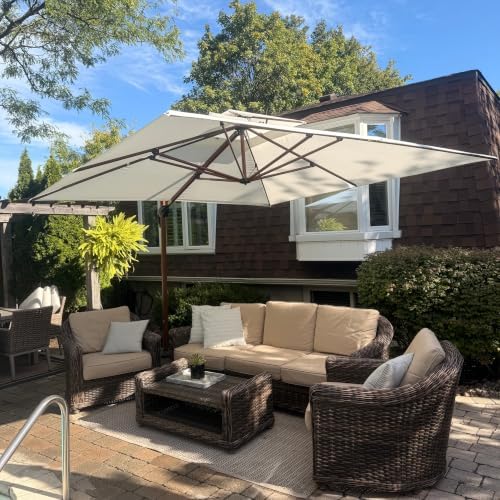 PURPLE LEAF Cantilever Umbrella 10ft Double Top Wood-Grain Finish, Cream