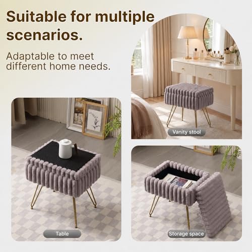 Faux Fur Storage Ottoman, Modern Soft Footstool, Storage Bench with Metal Leg...