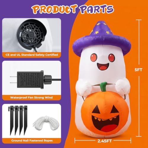 5 FT Halloween Inflatables Decor, Cute Inflatable Ghost with Pumpkin, Built-i...