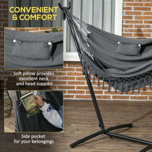 Outsunny Patio Hammock Chair with Stand Side Pocket Headrest Dark Gray