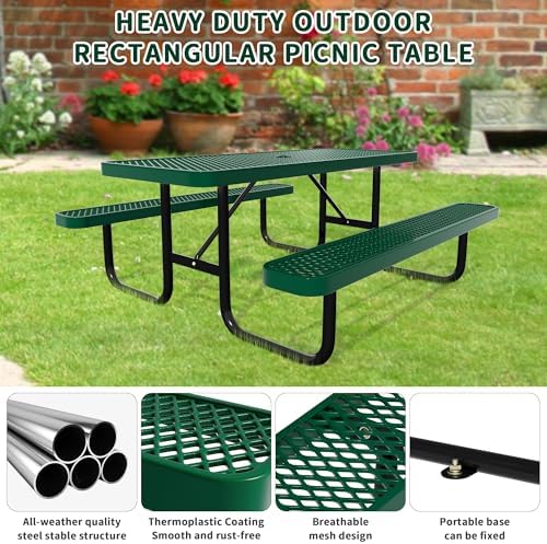 Picnic Tables for Outdoors,Commercial Metal Picnic Table Bench Set with Umbre...