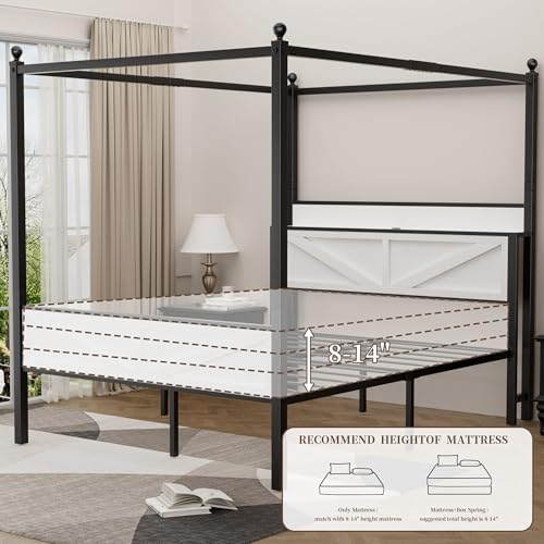 Canopy Bed Frame Full Size with Storage Headboard, White