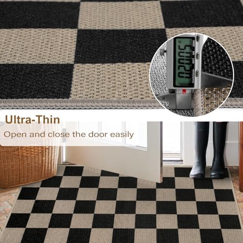 Rugalia Easy Jute Checkered Runner Rug, 2.6x8 Black Modern Washable Rugs Runn...
