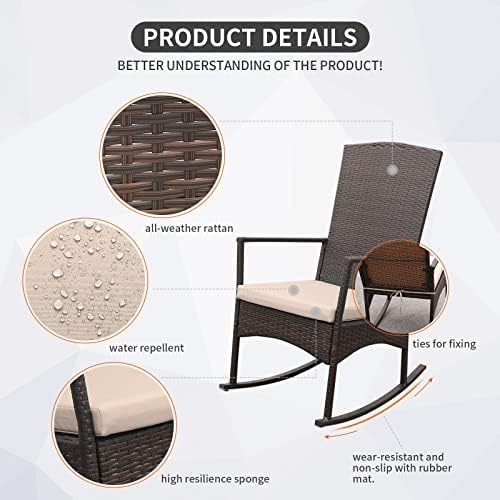 Outdoor HDPE Wicker Rocking Chair 3-Piece Patio Rattan Bistro Set 2 Rocker Ar...