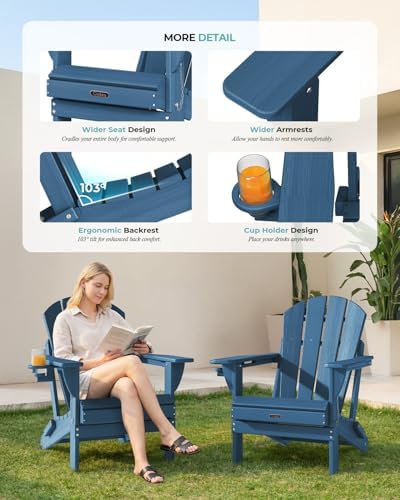 Ciokea Folding Adirondack Chairs Set of 2 HDPE All-Weather, Navy Blue