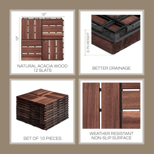 THYOI Acacia Wood Interlocking Deck Tiles (12" x 12"), Deck Floorin...