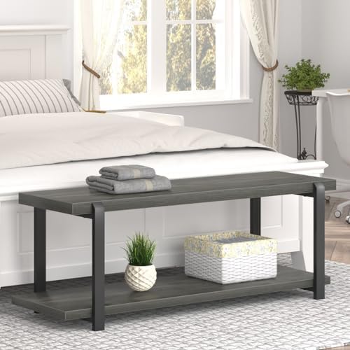 EXCEFUR Industrial Entryway Bench with Storage, Rustic Wood and Metal Shoe Ra...