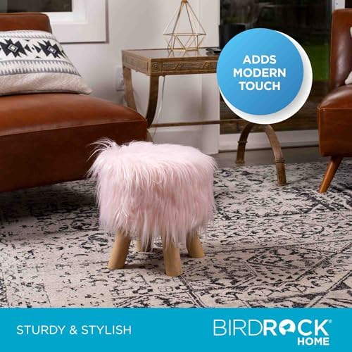 BIRDROCK HOME Faux Fur Foot Stool Ottoman – Upholstered Vanity Chair w/Natura...