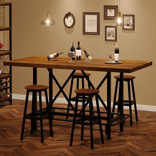 Tribesigns 63-Inch Counter Height Bar Table with Metal Footrest (Brown)
