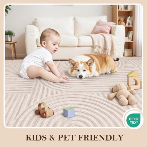 Ciicool 5x7 Area Rug for Living Room,Beige Washable High-Low Pile Carpet