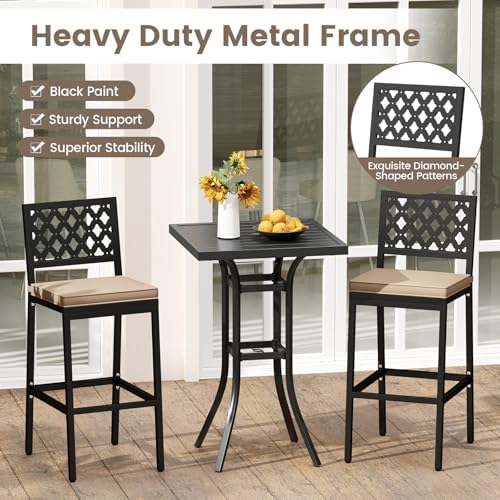 COSTWAY Outdoor Bar Chairs Set of 2 with Heavy-Duty Metal Frame and Cushion