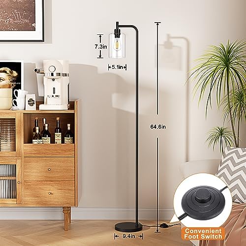 Ziisee Industrial Floor Lamp with Glass Shade - Black, LED Bulbs, Foot Pedal ...