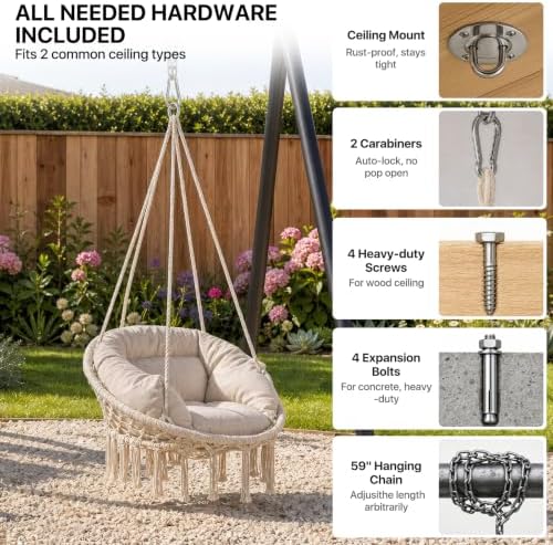 Athena Collection Hammock Chair with Hardware Kit & & Cozy Cushion, W...