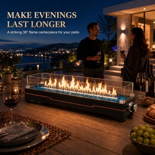 Grisun 36 Inch Tabletop Fire Pit with Glass Wind Guards for Patio & Camping
