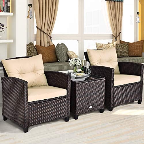 Tangkula 3 Pieces Patio Furniture Set, PE Rattan Wicker 3 Pcs Outdoor Sofa Se...