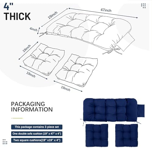 Yddsky 3Pcs Wicker Chair Cushion Sets for Patio Furniture,Navy,47*19*4''