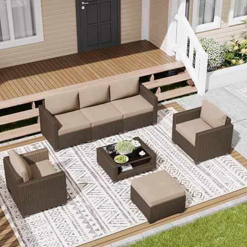 LOUVIXA 7 Piece Outdoor Patio Furniture Set, Rattan Chairs Glass Table Wicker...