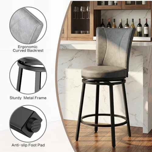 Bar Stools Set of 2, PU Leather Upholstered Swivel Barstool, 24″ Counter Heig...