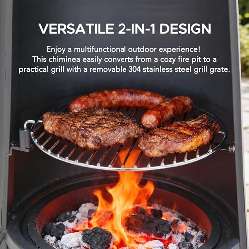 SUNJOY 57 Inch 2-in-1 Chiminea Fire Pit & Grill - Grey Metal Outdoor Chim...