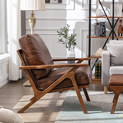 chairus Mid-Century Modern Brown Faux Leather Accent Chairs Set of 2, Comfy U...