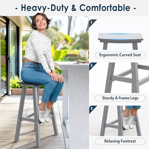 nalone 29 Inch Outdoor Bar Stools Set of 2, HDPE Bar Chairs with Footrest, We...