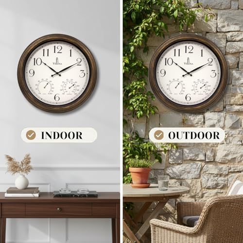 Large Outdoor Clocks for Patio Waterproof with Thermometer Combo, 18 Inch
