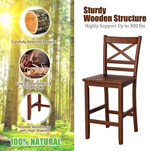 COSTWAY 25'' Wooden Counter Height Barstools Set of 2 with Slatted Ba...