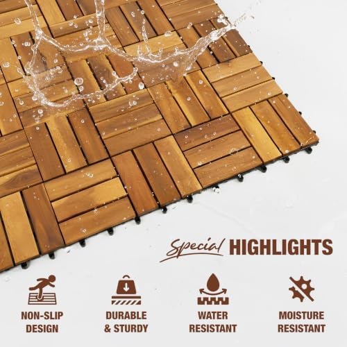 Acacia Wood Interlocking Deck Tiles, Patio & Backyard Tile, 12 in, 9 PCS