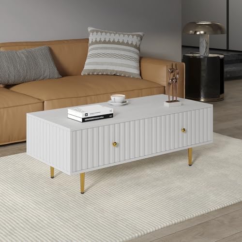 HedoAjim Modern Coffee Table with Storage with 2 Big Drawers, White Rectangle...